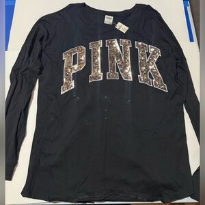 Victoria's Secret Black Long Sleeve Tee with Gold Sequin Letters